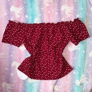 SHEIN Burgundy Off-Shoulder Blouse with Heart Pattern